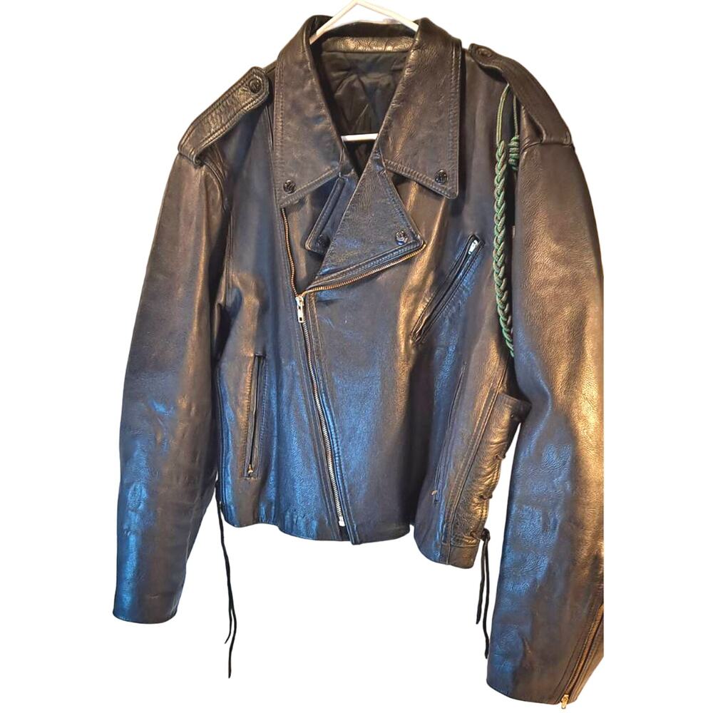 Lizard Brand Mens Biker Moto Jacket Black Waist Length Asymmetric Zip Collared M